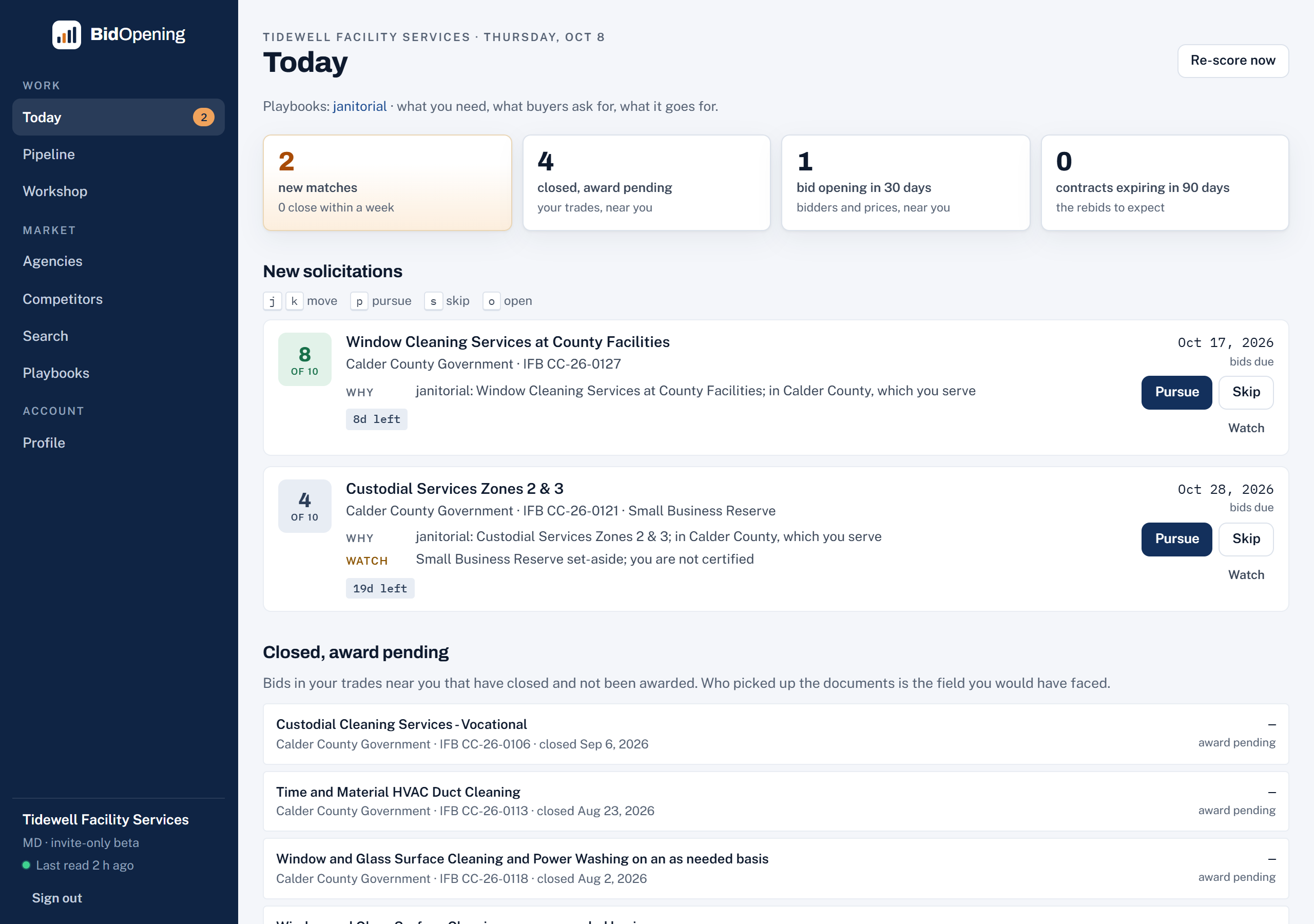 The Today screen: the navy sidebar with live counts, a KPI row, new solicitations scored with their reasons, and the closed bids waiting on an award